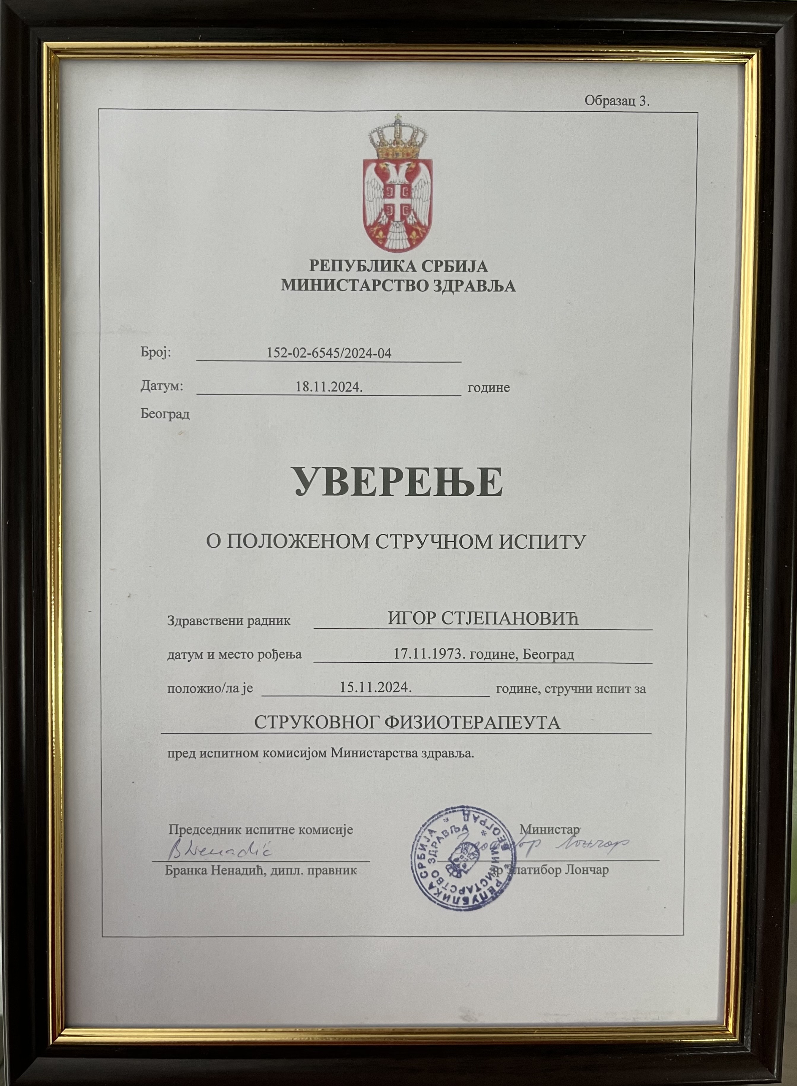 IgorFizio | Strukovni fizioterapeut - sertifikat